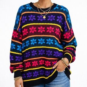 Jane Adams Womens Vintage Floral Knit Sweater 80s‎ Neon Colorful Made USA XL 90s